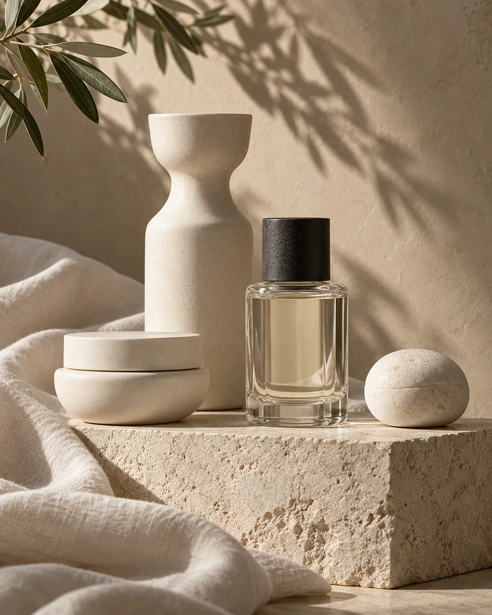 Bodegón conceptual de cosmética en cerámica y piedra; imagen de IA.